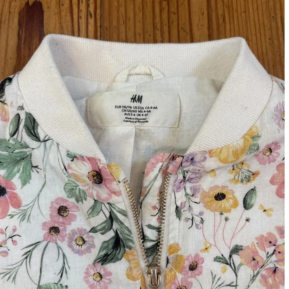H&M Bomber Jacket Kids White Floral‎ Print Zip Up Lightweight SIZE 5-6Y
